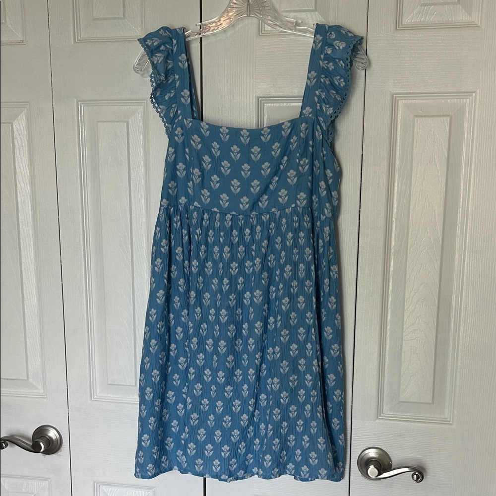 Women's Blue Floral Print Sundress with Ruffle Straps